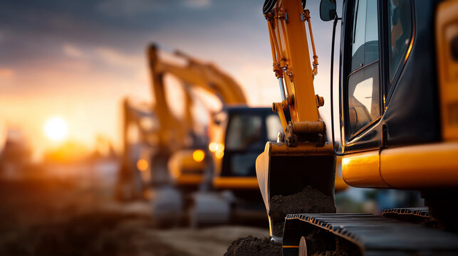 Group of multiple excavators working simultaneously faceless operators barely visible defocused large construction site background coordinated earthmoving operations industrial