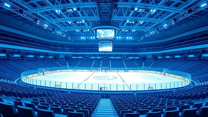 puck. Hockey stadium with an empty ice rink, showcasing cool blue tones and clean geometric lines from a wide-angle view. event key visuals.