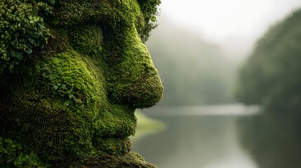 Sculpted facial profile completely covered in vibrant green moss overlooks a tranquil misty body of water
