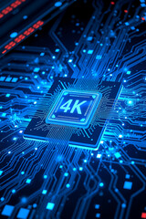 A vibrant blue 4K chip is centered, surrounded by intricate circuit board patterns and illuminated nodes.