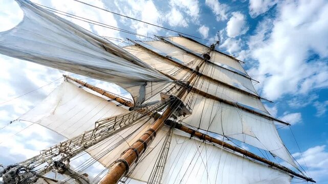 A closeup of a sailing ships masts and rigging against a backdrop of a blue sky with white clouds.