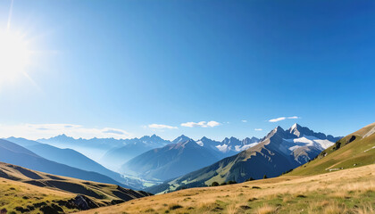 Majestic mountain range under a bright blue sky with minimal foreground for copy space and scenic view