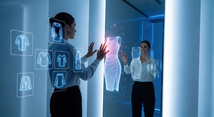 Woman uses smart mirror for virtual clothing try-on in AR retail store