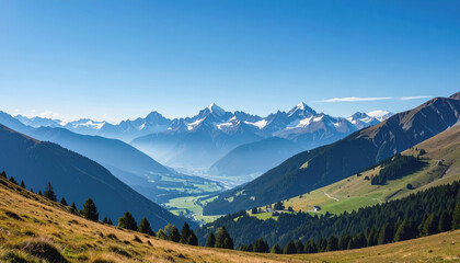Fototapeta premium Expansive mountain range beneath a clear blue sky with minimal foreground for copy space and scenic beauty
