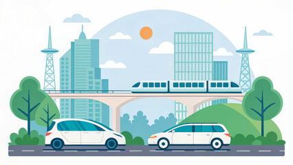 Cityscape with cars and train on a bridge surrounded by greenery and buildings.