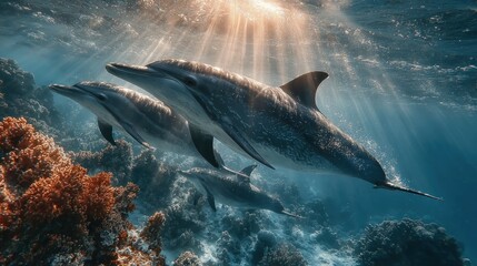 Dolphins Swimming Underwater A Glimpse into the Ocean's Depths Under Sunlight