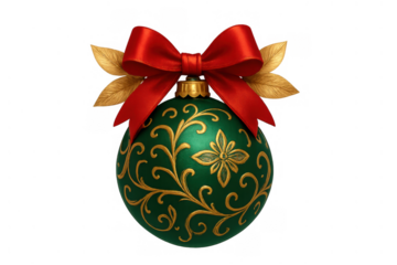 Christmas ornament bauble with vivid red bow and golden leaves, holiday decoration element on transparent background