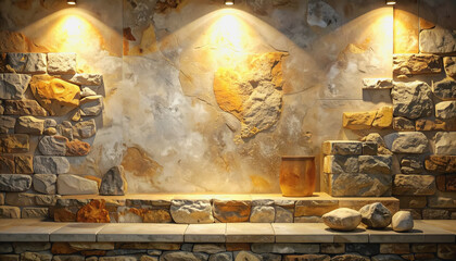 Elegant stone wall illuminated by soft lighting featuring ample space for text or graphics in a natural setting