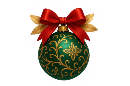 Christmas ornament bauble with vivid red bow and golden leaves, holiday decoration element on transparent background