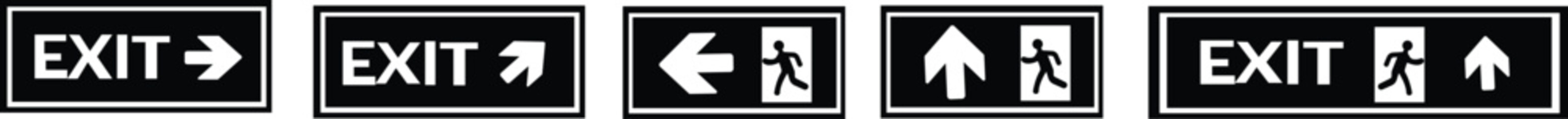 Emergency Exit Icon set. Vector illustration of running man and exit door sign. Escape and evacuation symbol. Various exit sign isolated white background. Evacuation of people to safety.