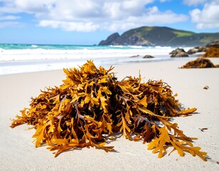 Golden seaweed on a white sand beach