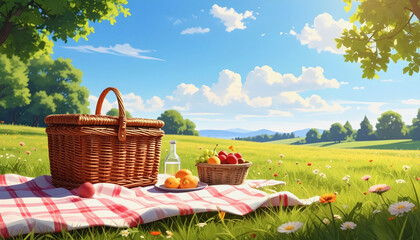 Beautiful outdoor picnic setup with cozy basket and blanket underneath the clear blue sky for relaxing retreat