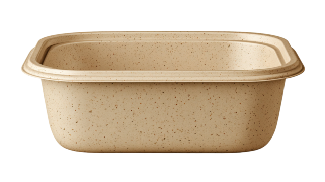 A close up view of an eco friendly compostable food container showcasing sustainable packaging and biodegradable material on white background