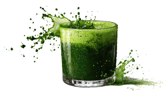 A close up view of a healthy green spirulina smoothie showcasing organic superfood nutrition and freshness on white background