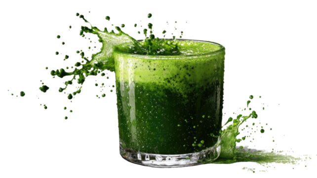 A close up view of a healthy green spirulina smoothie showcasing organic superfood nutrition and freshness on white background