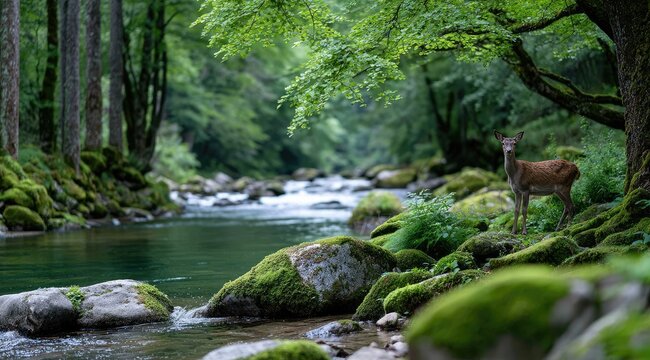 a deer standing by the river in an ancient forest, surrounded by moss-covered rocks and tall trees