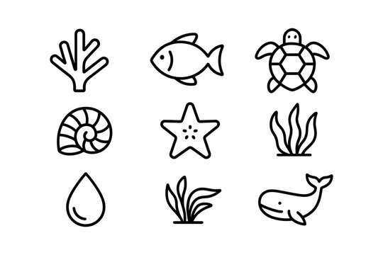 Minimalist outline icons of ocean life creatures and plants set