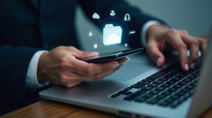 A businessperson uses a smartphone and laptop, with glowing digital icons (cloud, security, and data symbols) representing cloud storage and tech connectivity.