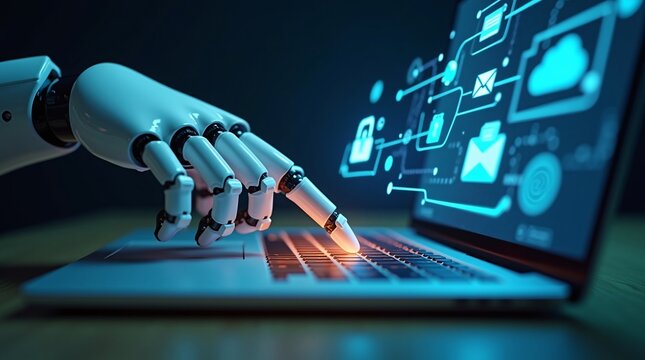 A robotic hand interacts with a laptop, with glowing digital icons (for tech, security, and communication) on the screen, emphasizing AI and digital innovation.