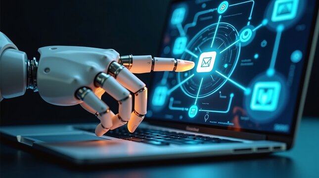 A robotic hand interacts with a laptop displaying glowing digital icons (including an email symbol), highlighting AI and digital communication tech.