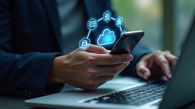 A businessperson uses a smartphone and laptop, with glowing digital icons (cloud, security symbols) representing tech and data connectivity.