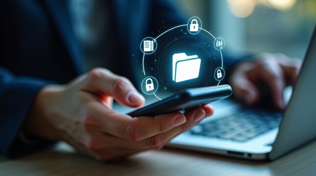 A person uses a smartphone and laptop, with glowing digital icons (folder, locks) representing data security and digital file management.