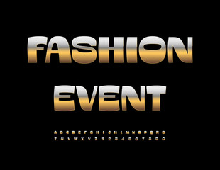 Vector Glamorous icon Fashion Event. Glossy Elite Gold Font. Trendy Luxury Alphabet Letters and Numbers set.