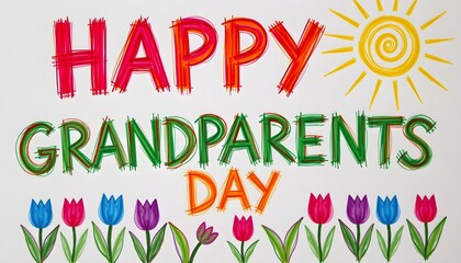 Colorful Handwritten Happy Grandparents Day Greeting Card with Sun and Flowers Design