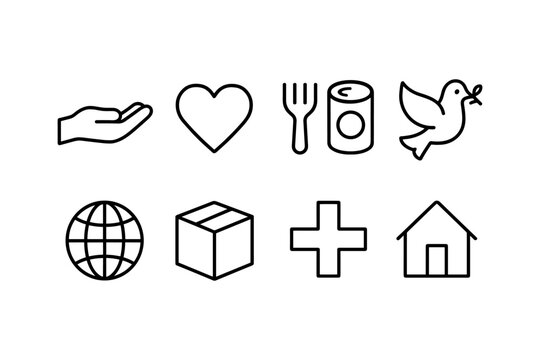 Charity and support icon set featuring essential aid symbols in simple line style