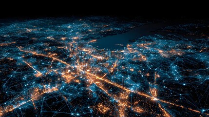 Illuminated metropolitan area viewed from high altitude displaying an abstract digital network overlay