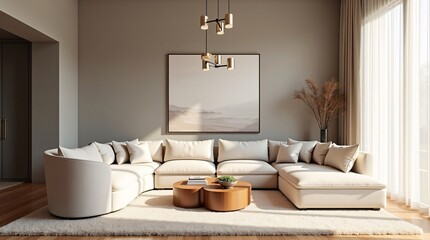Obraz premium A modern living room with a beige curved sectional sofa, wooden coffee tables, a gold pendant light, landscape art, sheer curtains, and warm natural light.