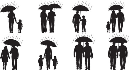Umbrella, silhouette, family, rain, protection, care, children, adults, walking, weather, bonding, shelter, unity, rainy day, black and white, contrast, lifestyle, parenting, love, outdoor, peaceful,