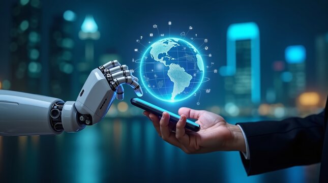 A robotic hand and a businessperson's hand interact via a smartphone, with a glowing digital globe and tech icons, set against a city skyline, highlighting global AI and digital connectivity.
