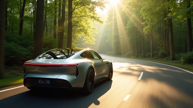 A sleek silver car drives on a forest road, with sunlight streaming through trees, creating a scenic and dynamic atmosphere.