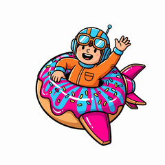 Joyful astronaut pilot with helmet and goggles joyfully rides a giant donut spaceship through colorful sprinkles, waving hello with excitement and wonder.