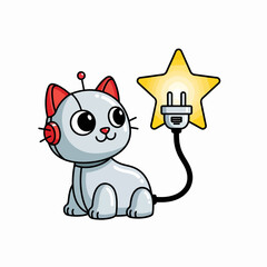 Adorable robotic kitten character with star power plug tail, sparking imagination and futuristic pet concepts for fun modern projects, originally vector art