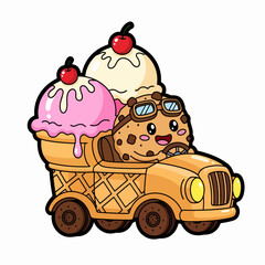 Adorable cookie character driving an ice cream truck, a whimsical treat perfect for summer promotions, children's books, or playful designs