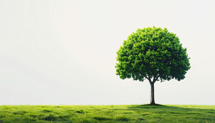 A single green tree standing proudly on a hill against a plain background illustrating sustainable forest concept