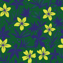 Bold and energetic tropical floral seamless pattern. Features bright neon yellow-green flowers and graphic leaves on a vivid green background.