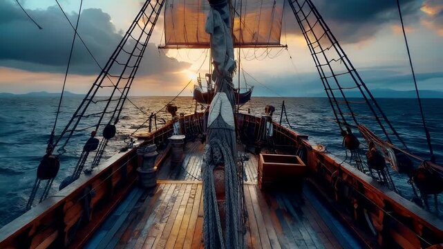 A vivid portrayal of a sailing ships deck during sunset. The ships wooden deck is adorned with ropes and pulleys, and the ships helm is prominently displayed.