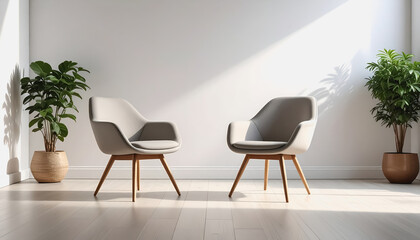 Stylish modern chairs in a minimalist white room creating an inviting space with open area for messaging