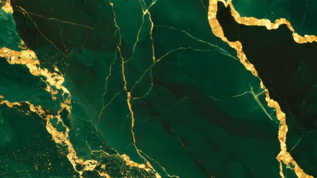 Emerald green marble with golden veins, creating a luxurious and elegant flowing design