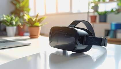 Pair of sleek virtual reality glasses resting on a modern desk with ample background space for textual content