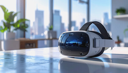 Cutting-edge virtual reality headset depicted on a desk with clean background space suitable for text overlay