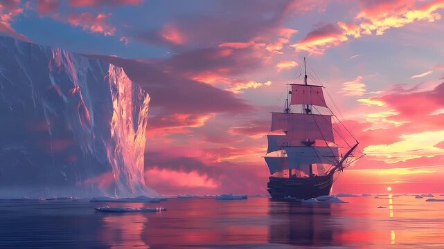 A vivid digital artwork depicting a serene maritime scene during sunset. The main subject is a large sailing ship, with its sails billowing in the wind.