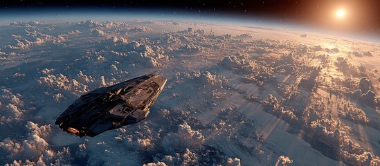 A futuristic exploration spacecraft silently glides in orbit above a cloud-covered alien planet during a spectacular sunrise