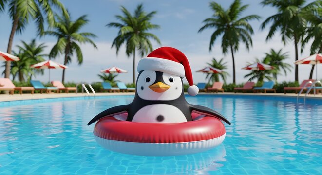 Charming 3D rendered penguin in a Santa hat enjoys a relaxing summer Christmas holiday, floating happily in a clear blue swimming pool