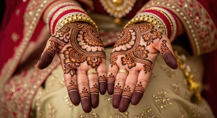 Hands display ornate henna tattoos, adorned with rings and gold bangles