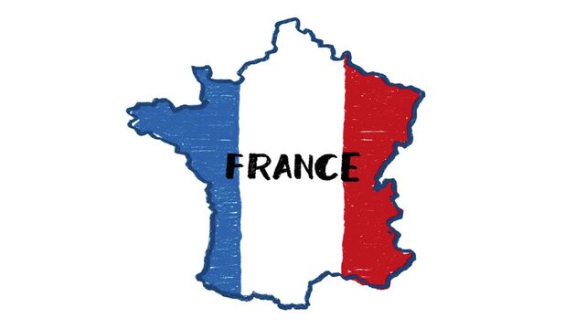 Hand-drawn animated map of France filled with the colors of the national flag: blue and red. The country name &ldquo;France" appears in chalk handwritten text. Crayon texture.
