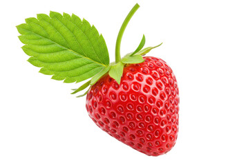 Isolated fresh ripe strawberry with stem and leaf for healthy breakfast or snack
